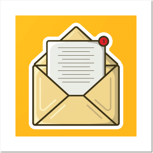 Open Mail Envelope with Paper Document and Notification Sticker design vector illustration. Office equipment icon concept. Office email letter in envelope sticker design logo with shadow. Posters and Art